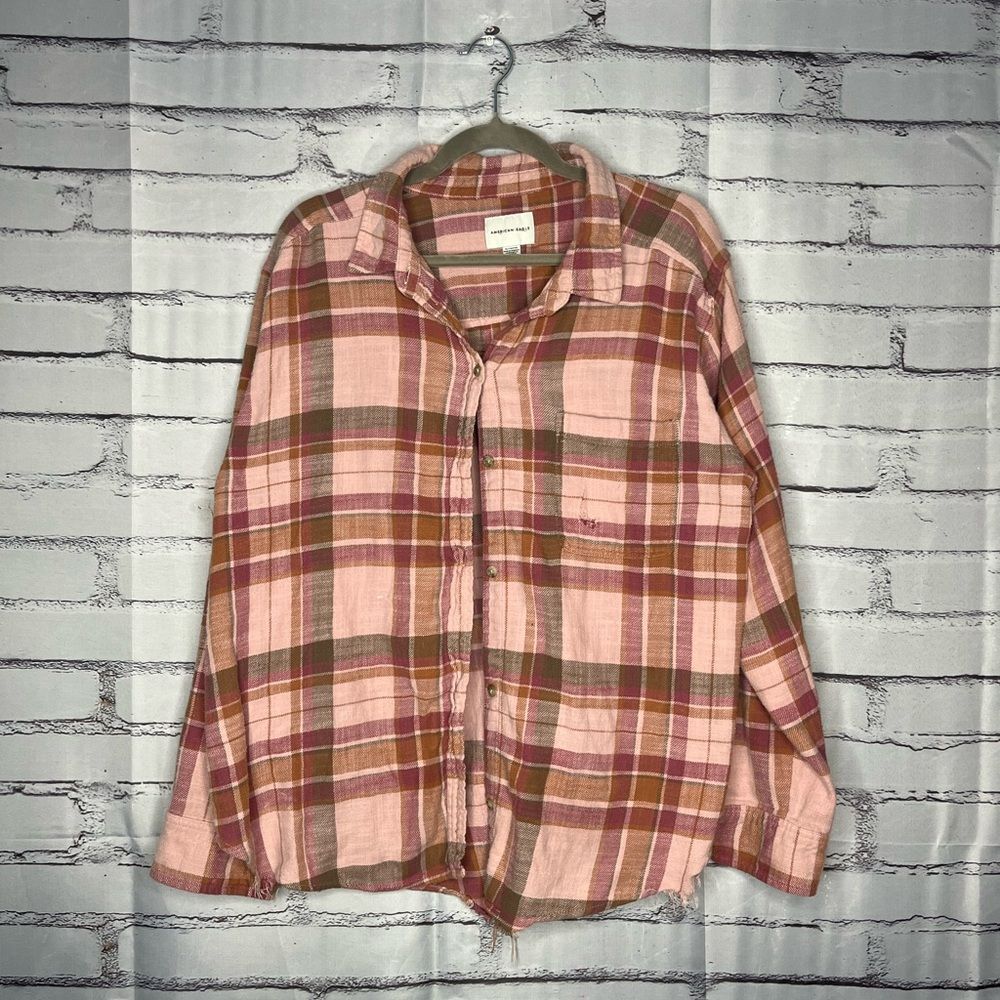 American Eagle XL Pink Red Plaid Button‑Up Shirt XL Cozy Fall Streetwear Top Y2K